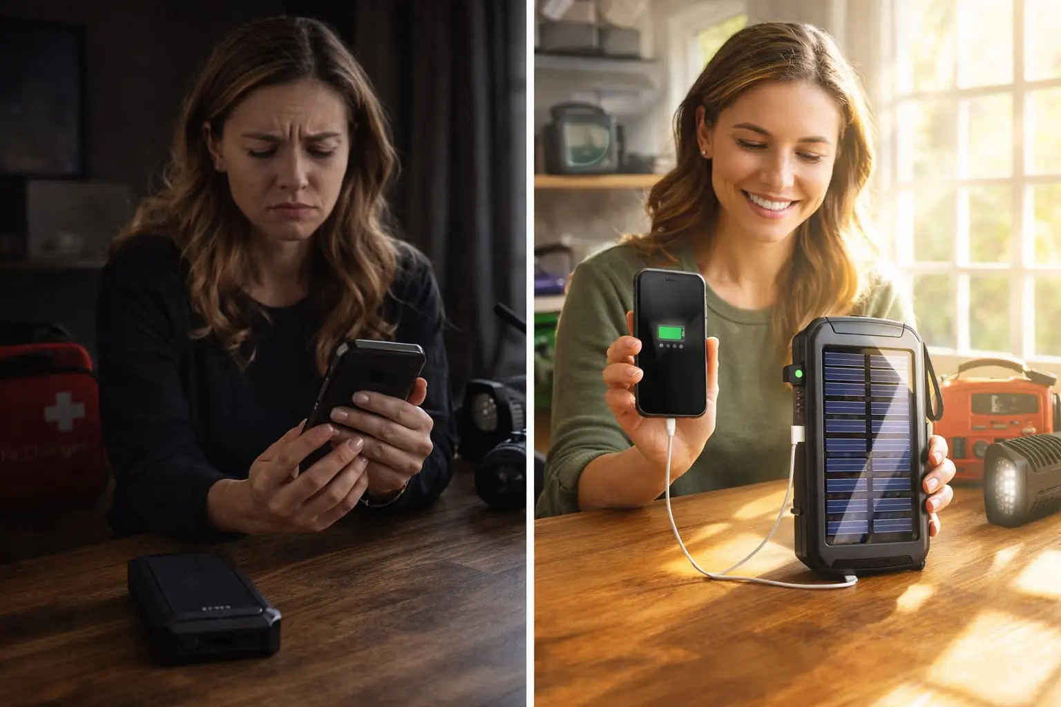Comparison showing dead standard power bank versus SOS Solar Charger actively recharging via sunlight during power outage