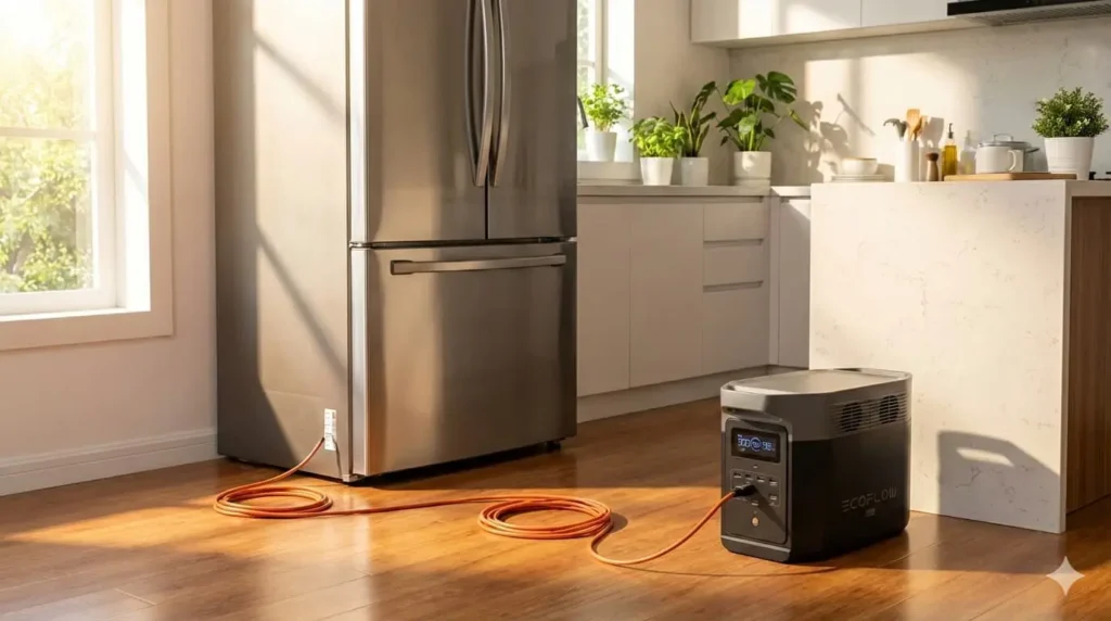 Portable solar generator powering full-size refrigerator in modern kitchen showing real-world home backup power setup