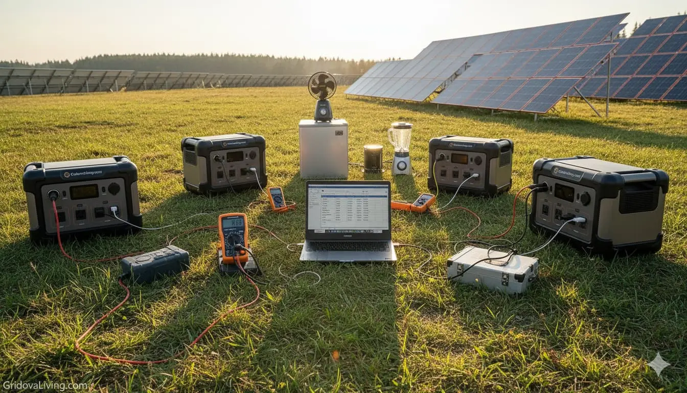 Multiple portable solar generators being tested side-by-side with appliances and measurement equipment in outdoor field test