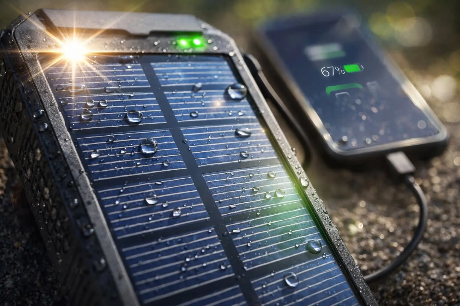 SOS Solar Charger solar panel actively charging in direct sunlight showing renewable emergency power generation