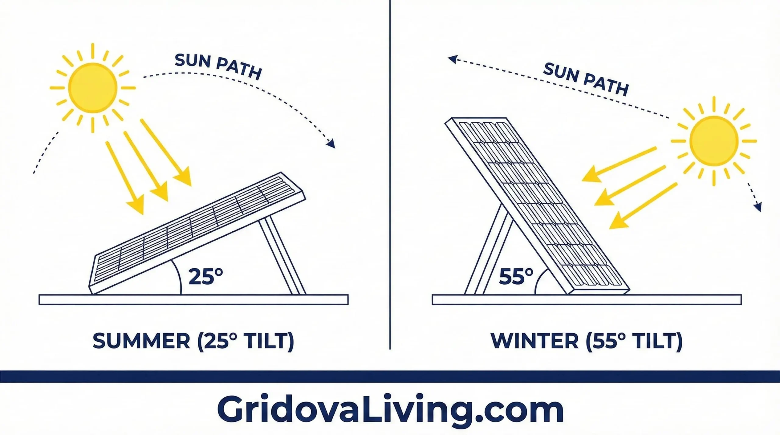 Solar panel tilt angle comparison diagram showing 25-degree summer angle versus 55-degree winter angle with sun position indicators