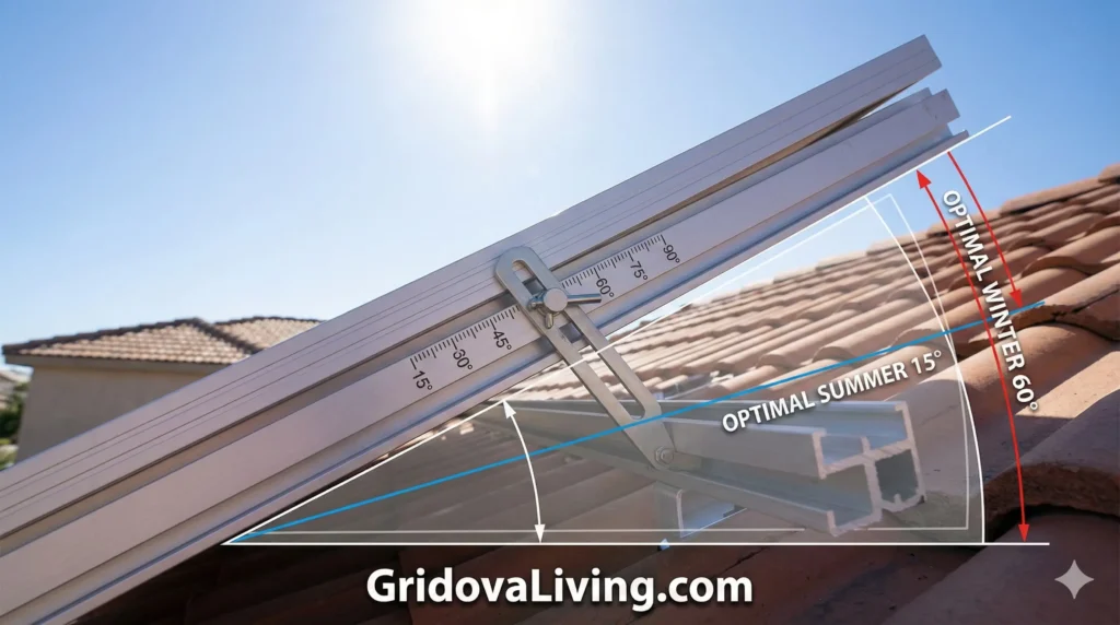 Adjustable solar panel mount showing optimal tilt angle measurement with degree markings for latitude-based installation