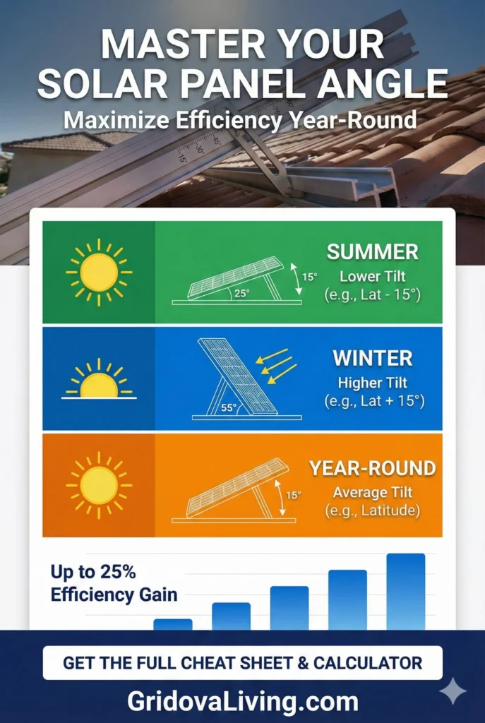 Infographic titled 'Master Your Solar Panel Angle: Maximize Efficiency Year-Round'. At the top is a photo of an adjustable solar panel mount on a tiled roof. Below it is a three-part colored guide with sun icons: A green section for 'SUMMER' showing a lower tilt (e.g., Lat - 15°); a blue section for 'WINTER' showing a higher tilt (e.g., Lat + 15°); and an orange section for 'YEAR-ROUND' showing an average tilt (e.g., Latitude). Below this, a rising bar chart indicates 'Up to 25% Efficiency Gain'. At the bottom, a button reads 'GET THE FULL CHEAT SHEET & CALCULATOR' next to the text GridovaLiving.com.