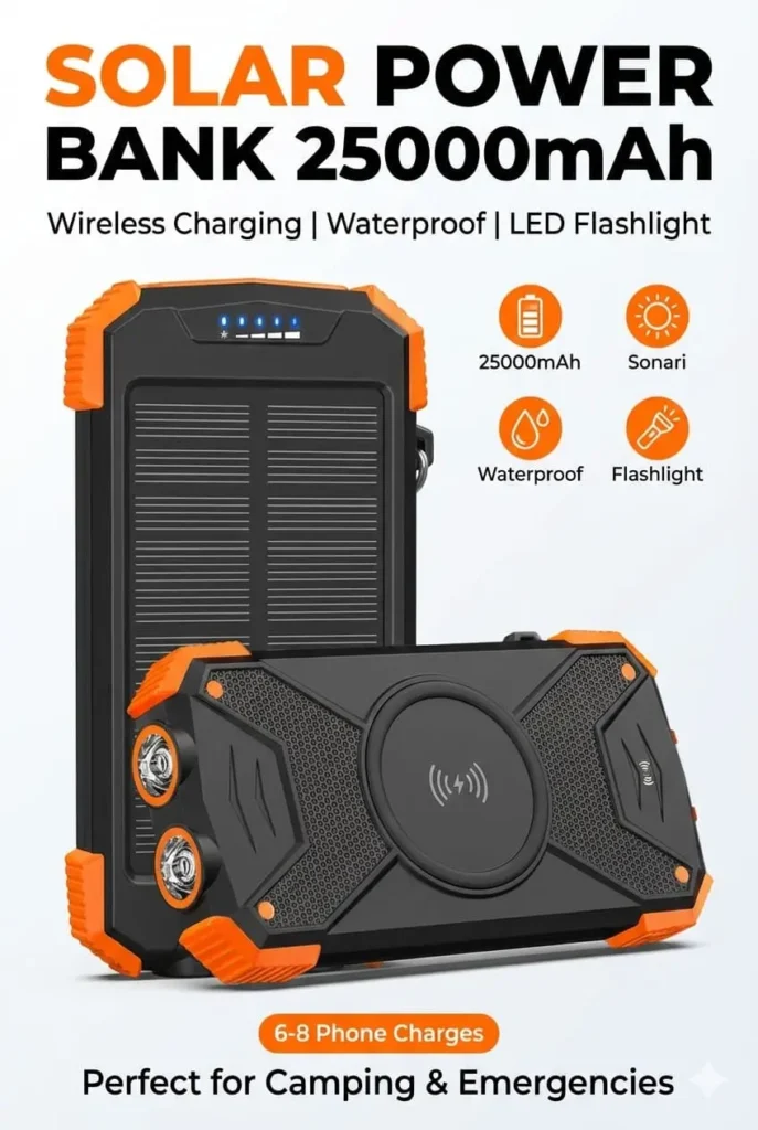 25000mAh solar power bank with wireless charging, dual LED flashlights, and compass for camping and emergency backup