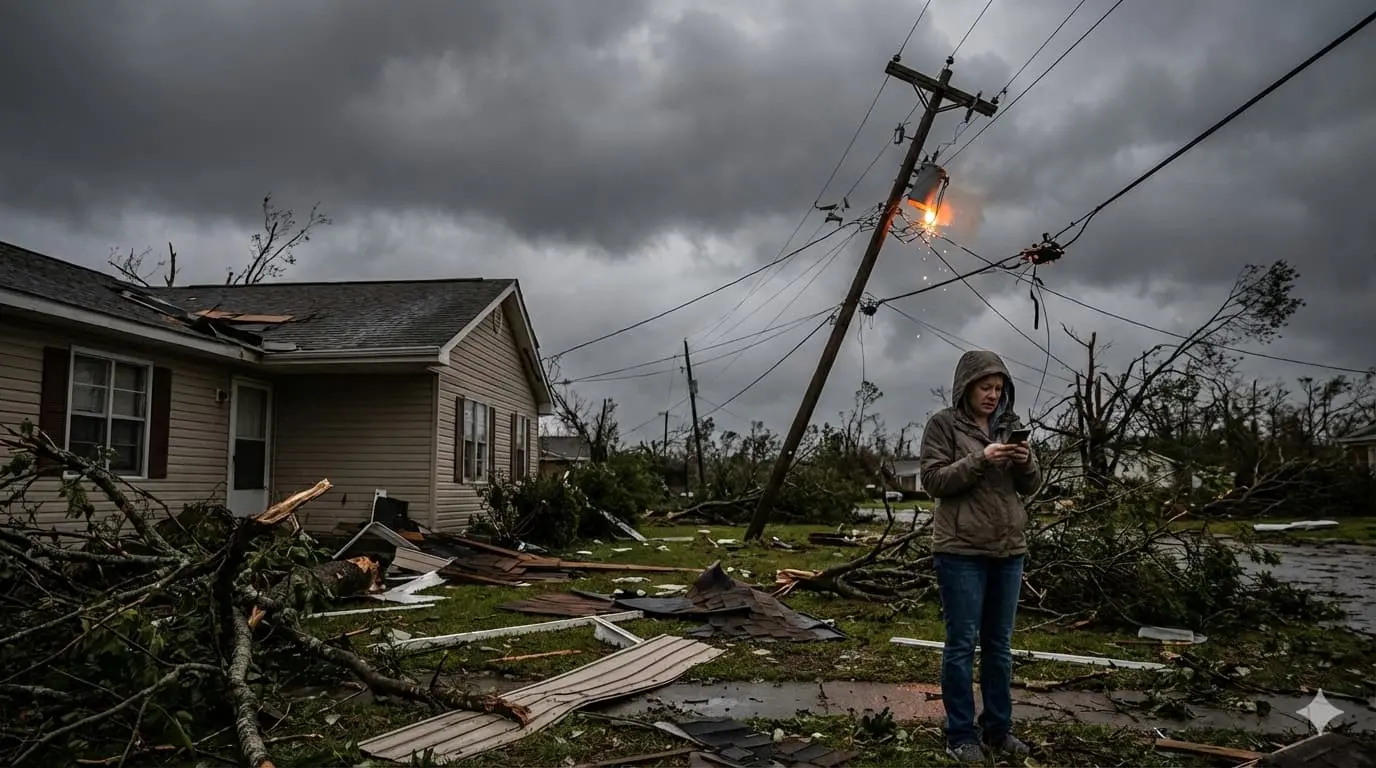 Woman using SOS Solar Phone Charger to power phone during emergency power outage after storm with damaged power lines