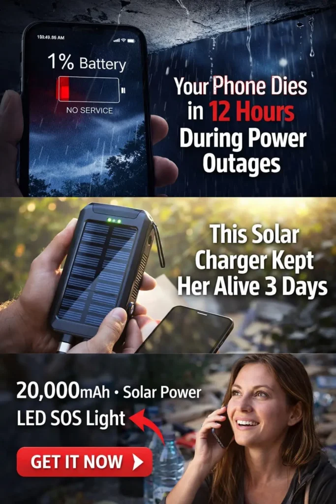 Pinterest pin showing phone battery death emergency versus SOS Solar Charger survival solution during power outage