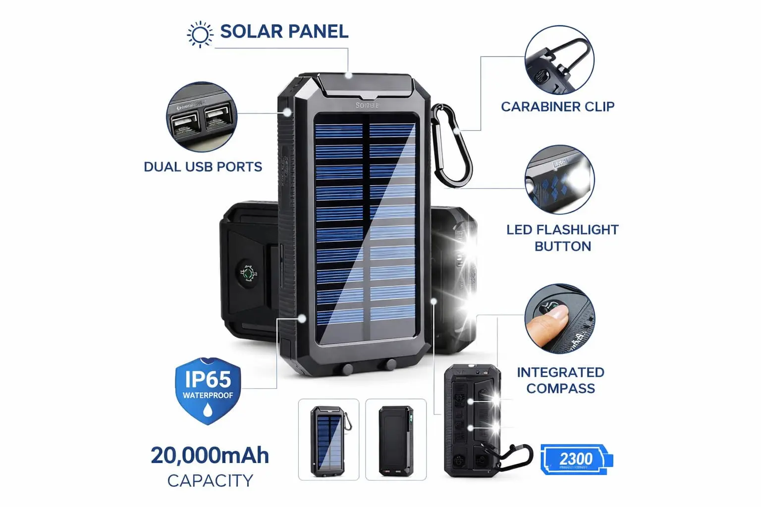 SOS Solar Phone Charger product features showing solar panel, dual USB ports, LED light, compass, and waterproof design
