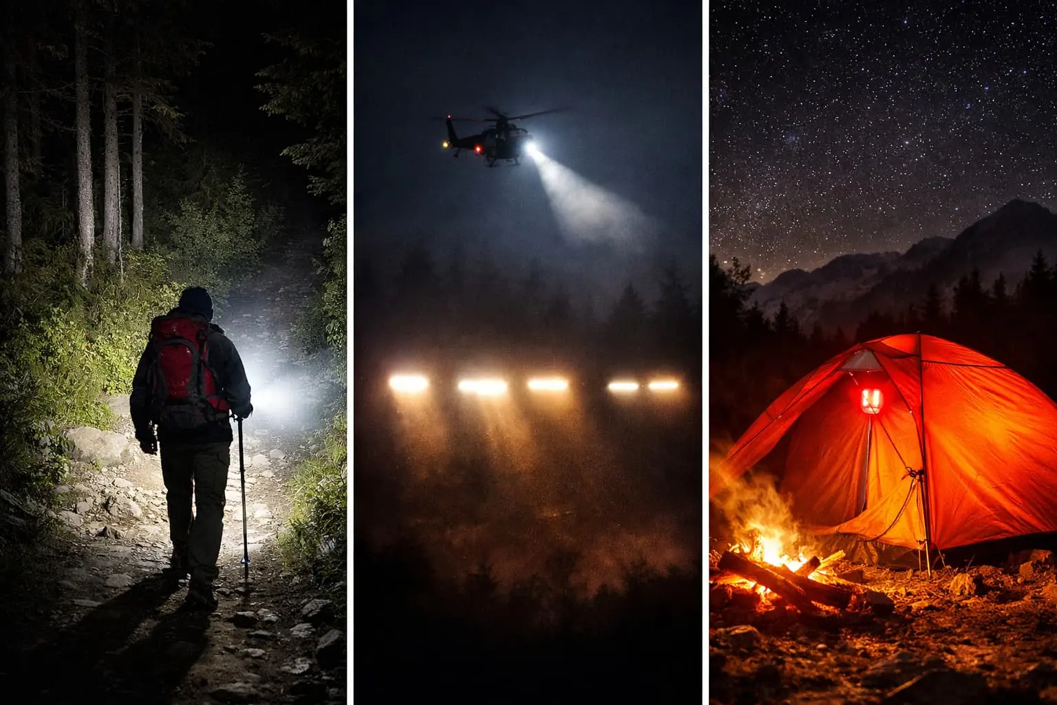 SOS Solar Charger three LED emergency light modes: flashlight, SOS strobe signal, and warning flash demonstrated in outdoor scenarios