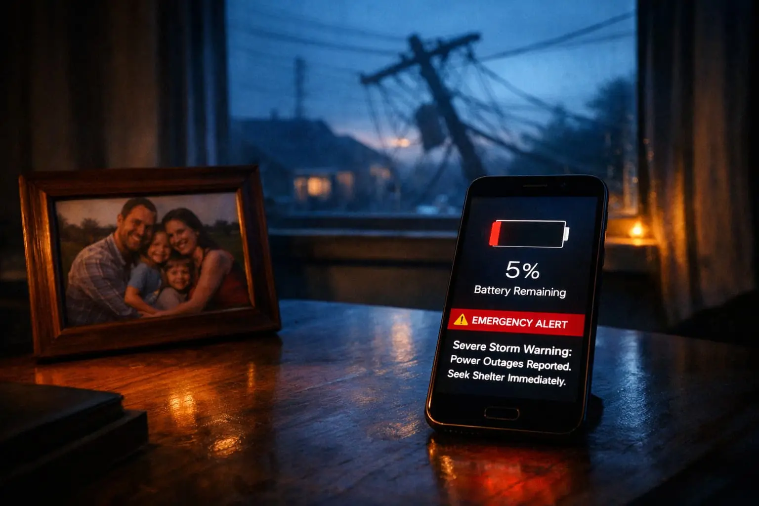 Smartphone showing low battery warning during power outage emergency with storm damage visible outside