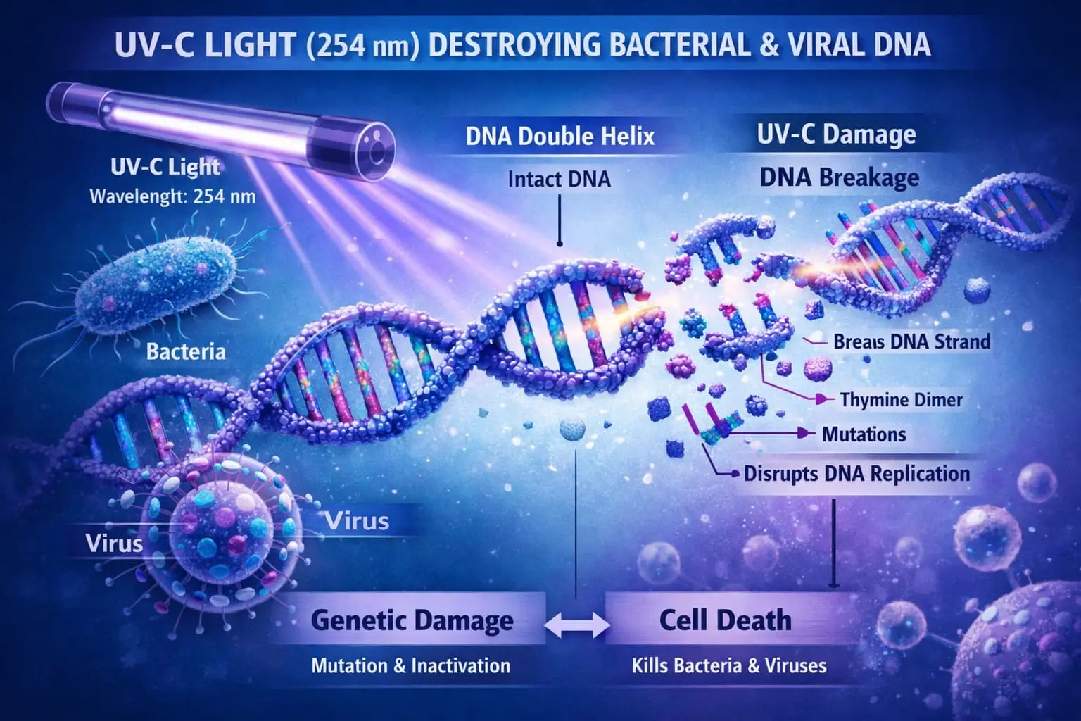 Scientific diagram showing how UV-C light destroys bacteria and virus DNA at molecular level for complete pathogen elimination