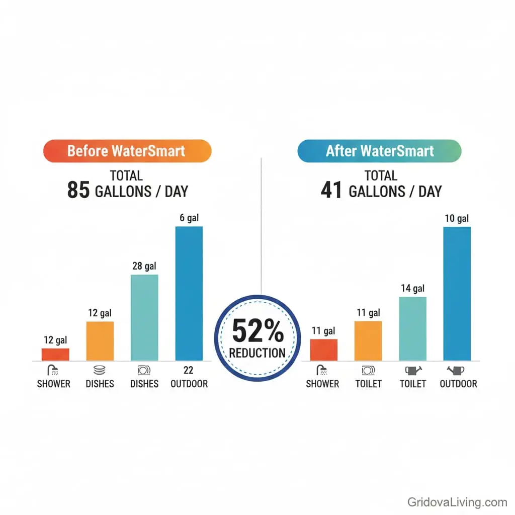 Bar chart showing daily household water usage before and after WaterSmart Box installation with 52 percent reduction in consumption across all fixtures