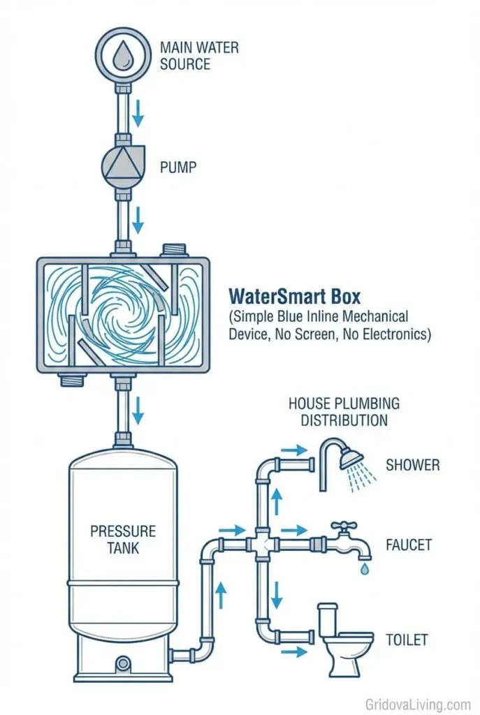 Pinterest infographic showing 90-day test results of WaterSmart Box reducing household water usage by 52 percent without loss of water pressure.
