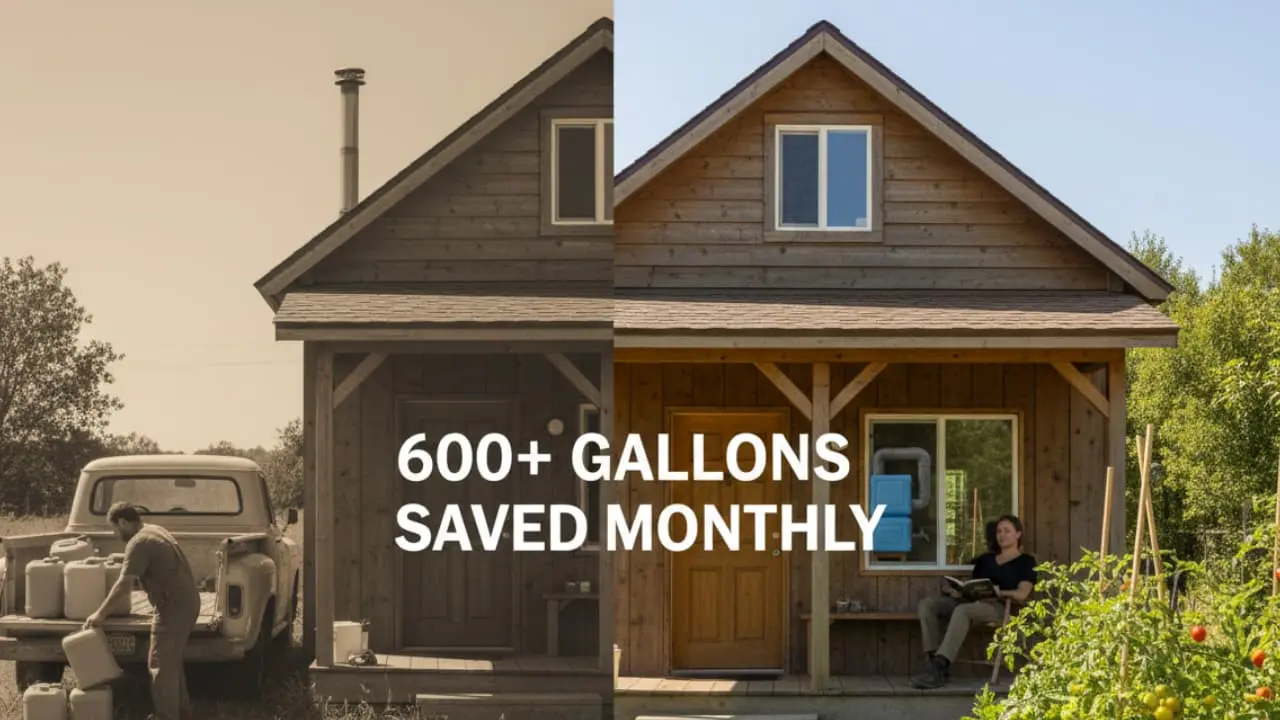 Before and after split comparison of off-grid cabin showing water conservation impact with WaterSmart Box demonstrating reduced hauling frequency