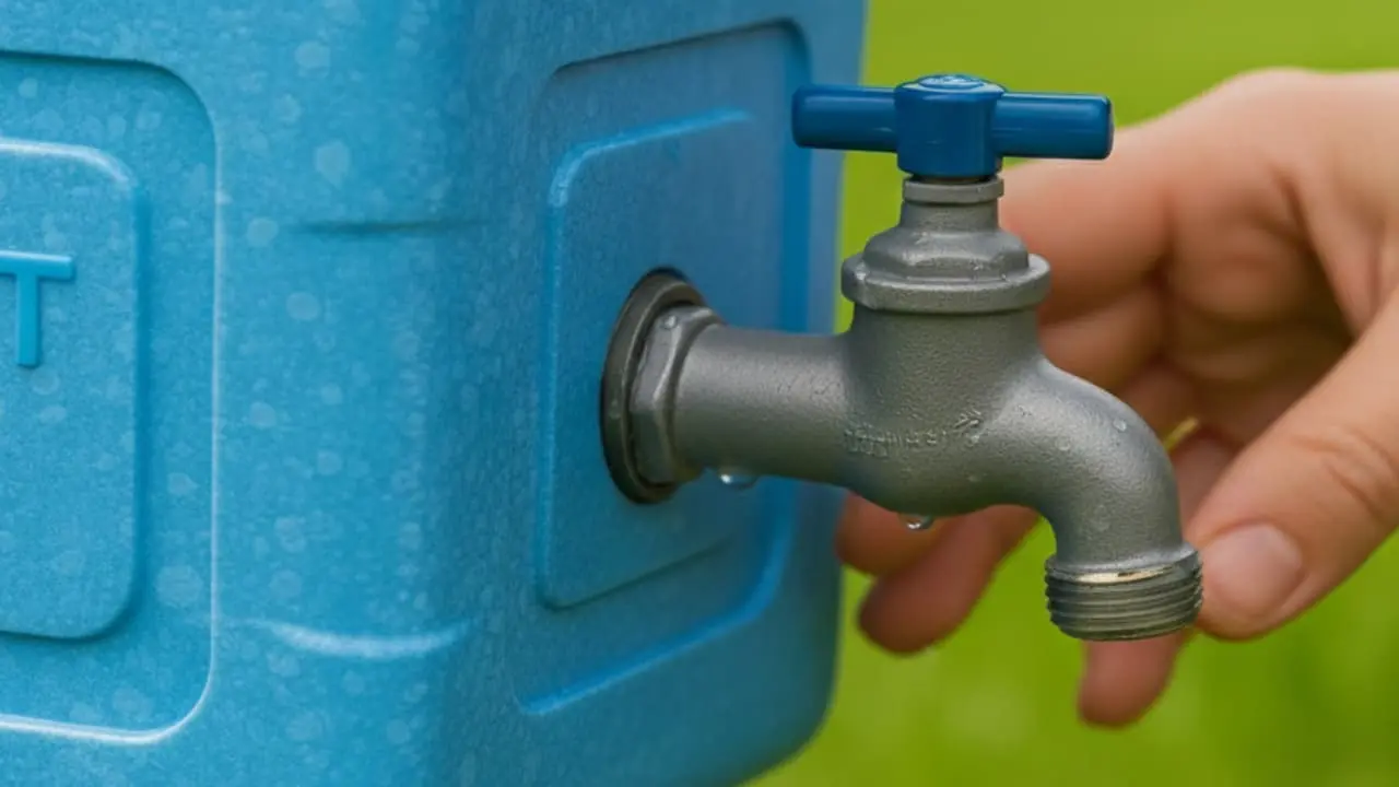 Close-up detail of WaterSmart Box showing durable blue housing brass spigot fittings and threaded connections for reliable water system installation