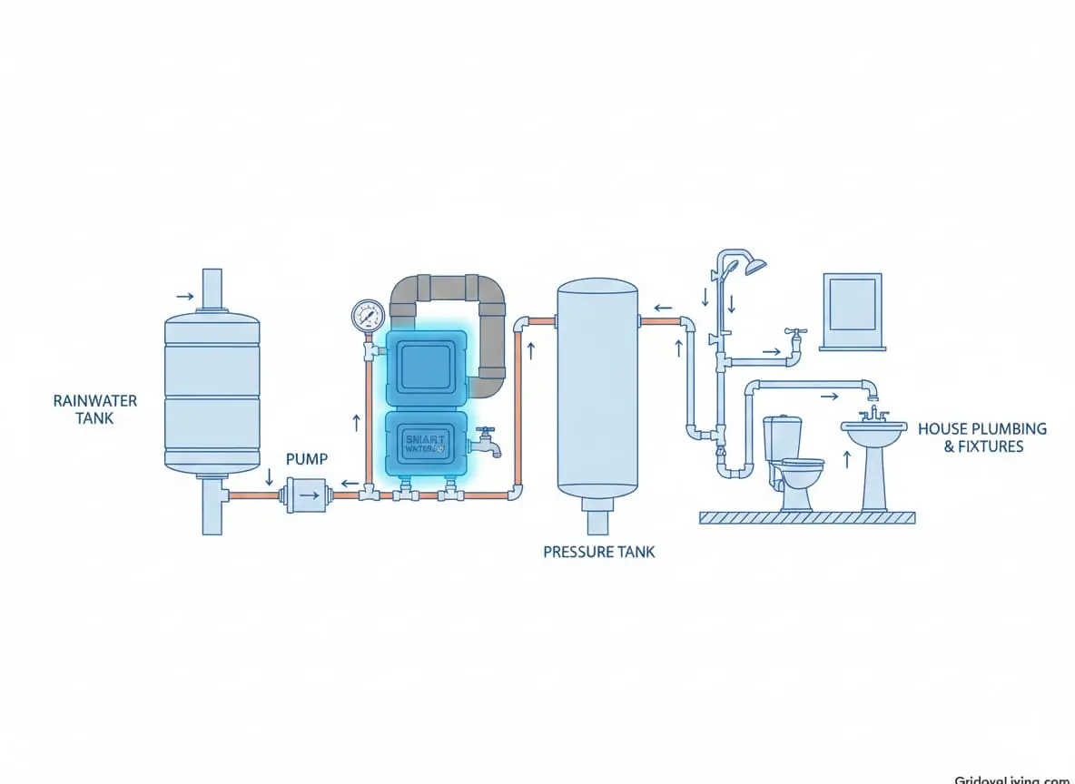 Complete water system diagram showing WaterSmart Box installation between pump and pressure tank with overflow connections for off-grid setup