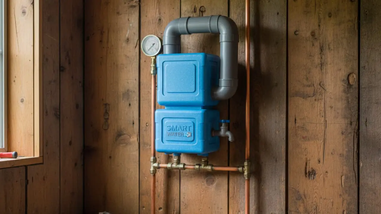 WaterSmart Box installed at off-grid Montana cabin main water line showing blue device connected to copper pipes in utility room