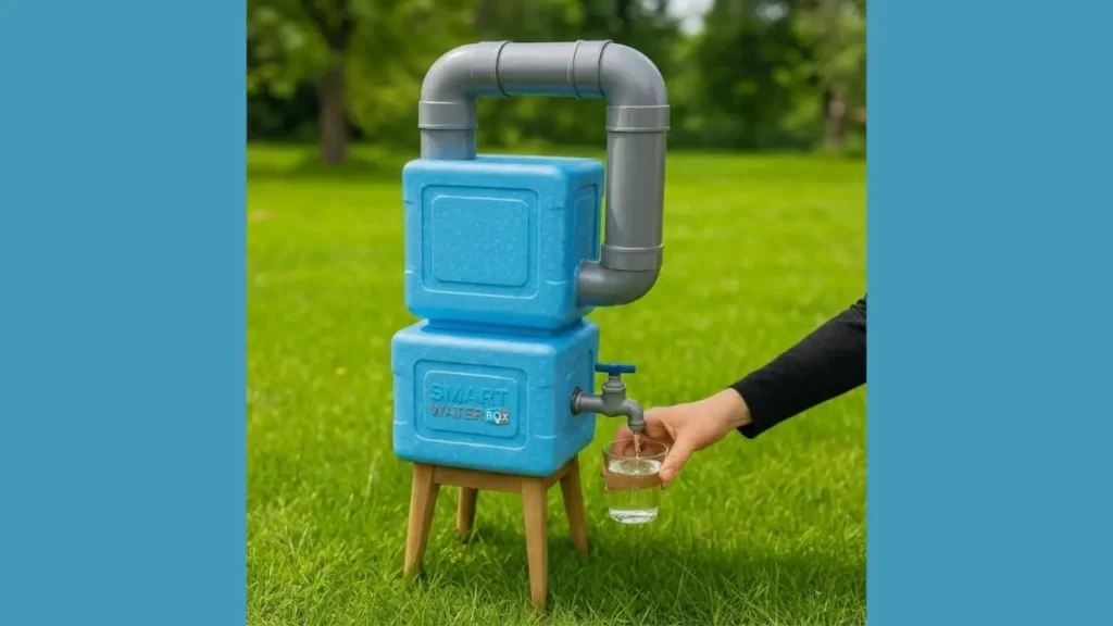 WaterSmart Box water flow optimization device showing compact blue housing design with inlet outlet pipes and brass spigot for household installation