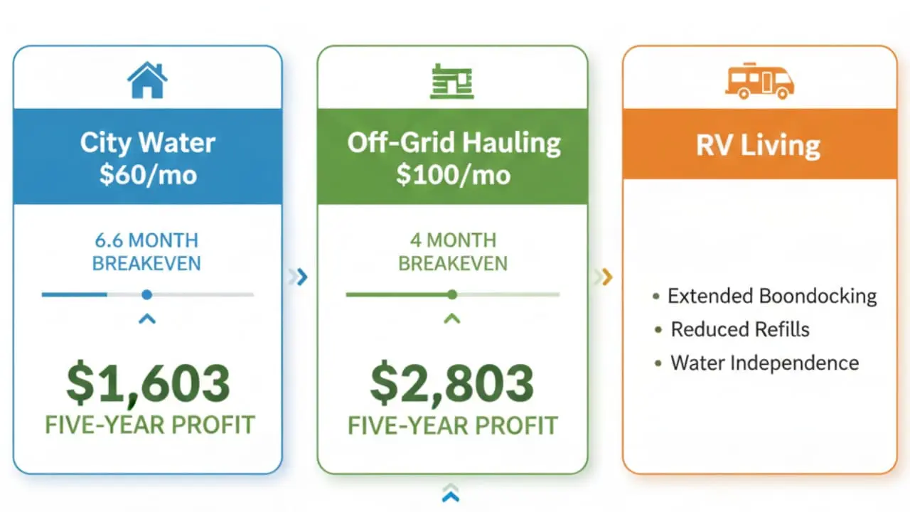 Return on investment calculator chart for WaterSmart Box showing payback periods for city water off-grid and RV scenarios with monthly savings breakdown