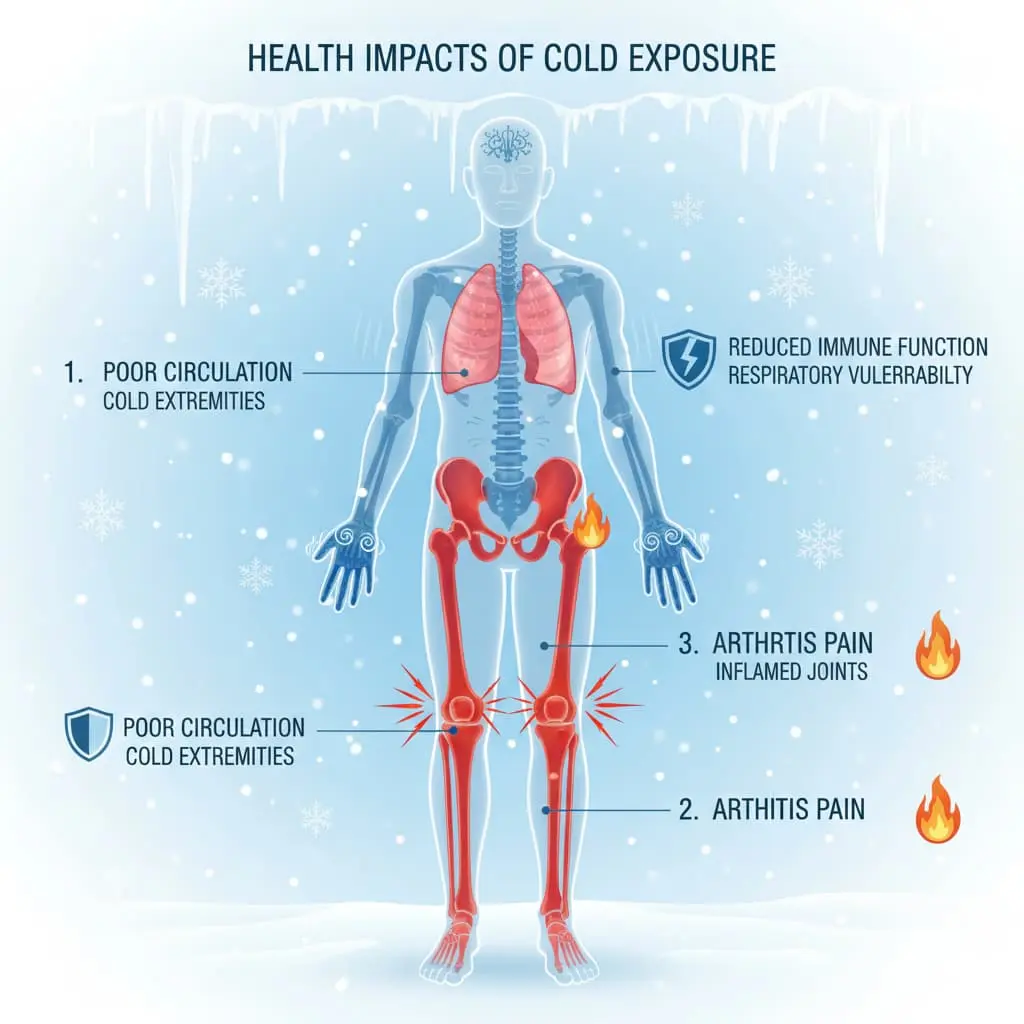 Illustration showing cold weather health problems including poor circulation, arthritis pain, and reduced mobility in winter
