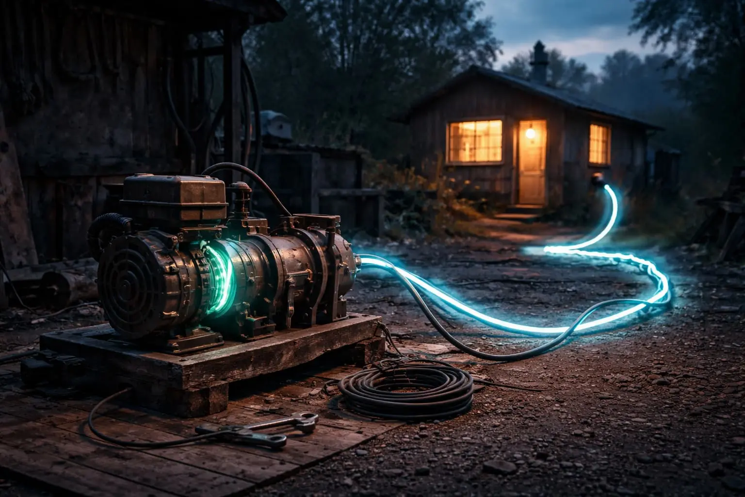 Homemade generator connected to a house representing off grid power and reduced electricity costs