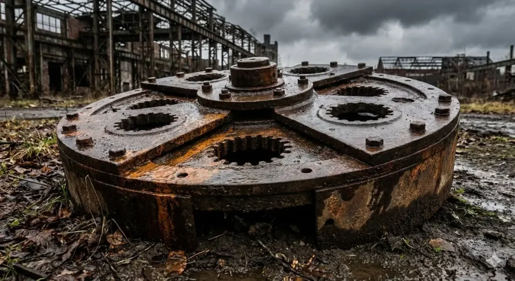 Rusty circular mechanical device representing a mysterious electricity boosting invention