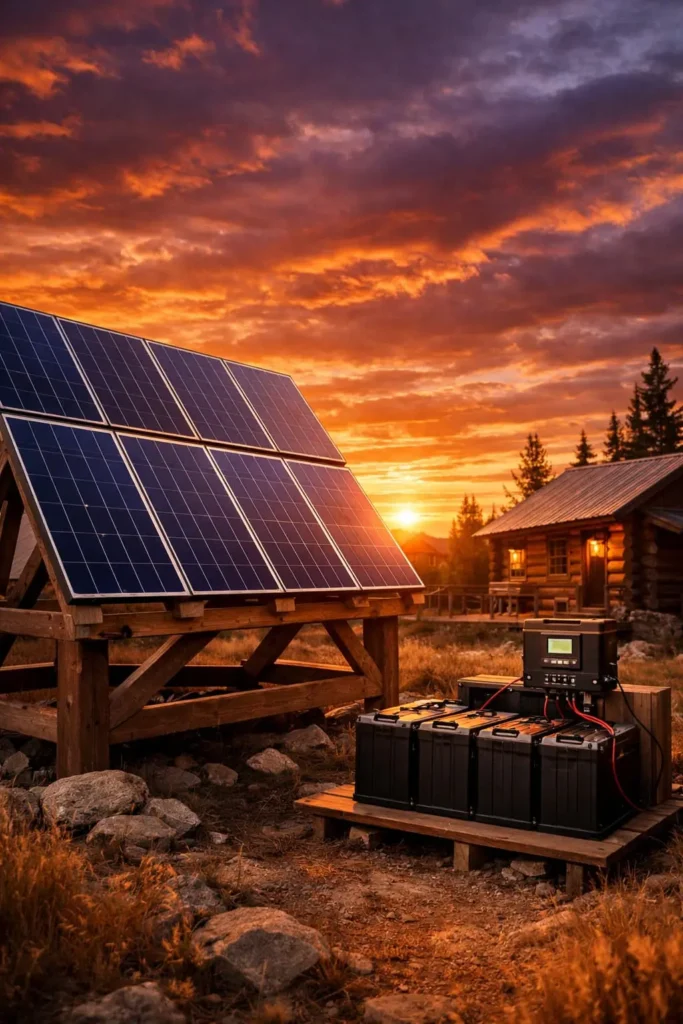 Complete off-grid solar power system with solar panels, battery bank and charge controller at sunset - renewable energy independence guide