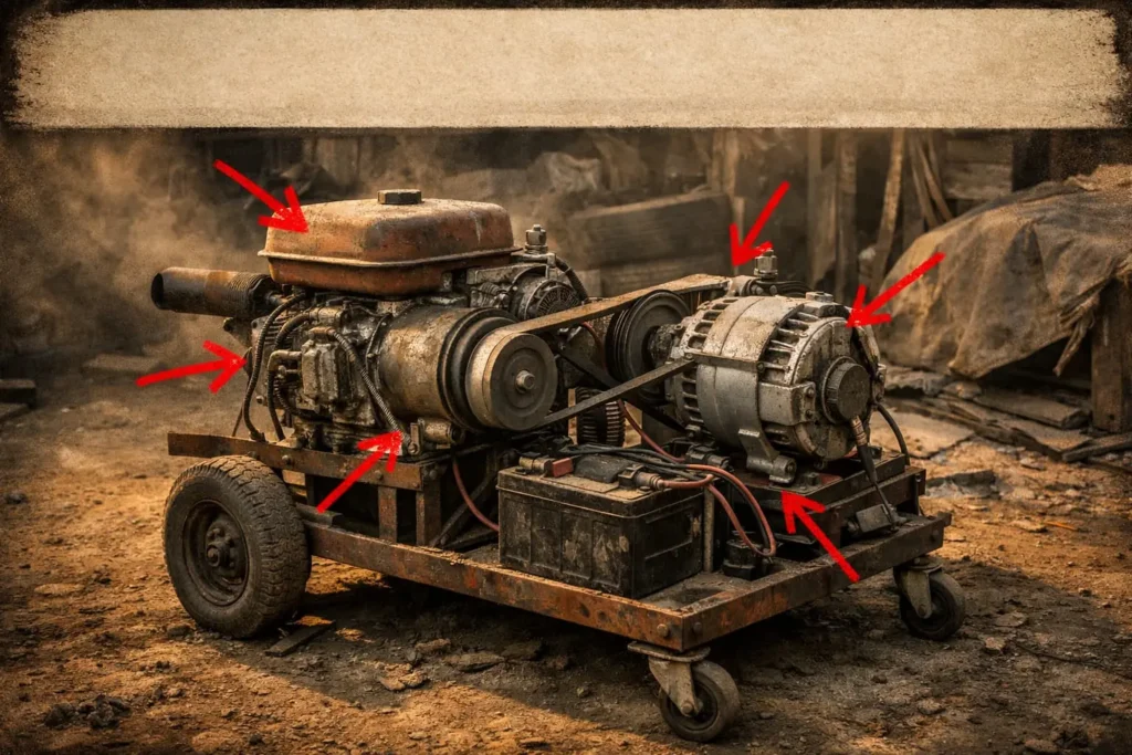 Homemade generator device with arrows highlighting parts for off grid electricity concept