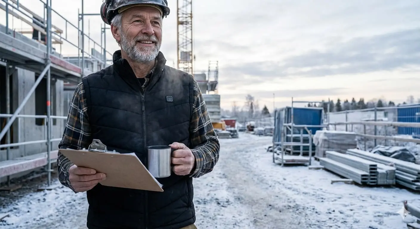 Construction worker wearing Wellaheat heated vest staying warm during outdoor winter work without bulky jackets