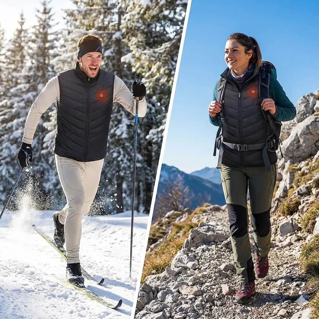 People wearing Wellaheat heated vest during outdoor winter activities including skiing and hiking staying warm without bulk