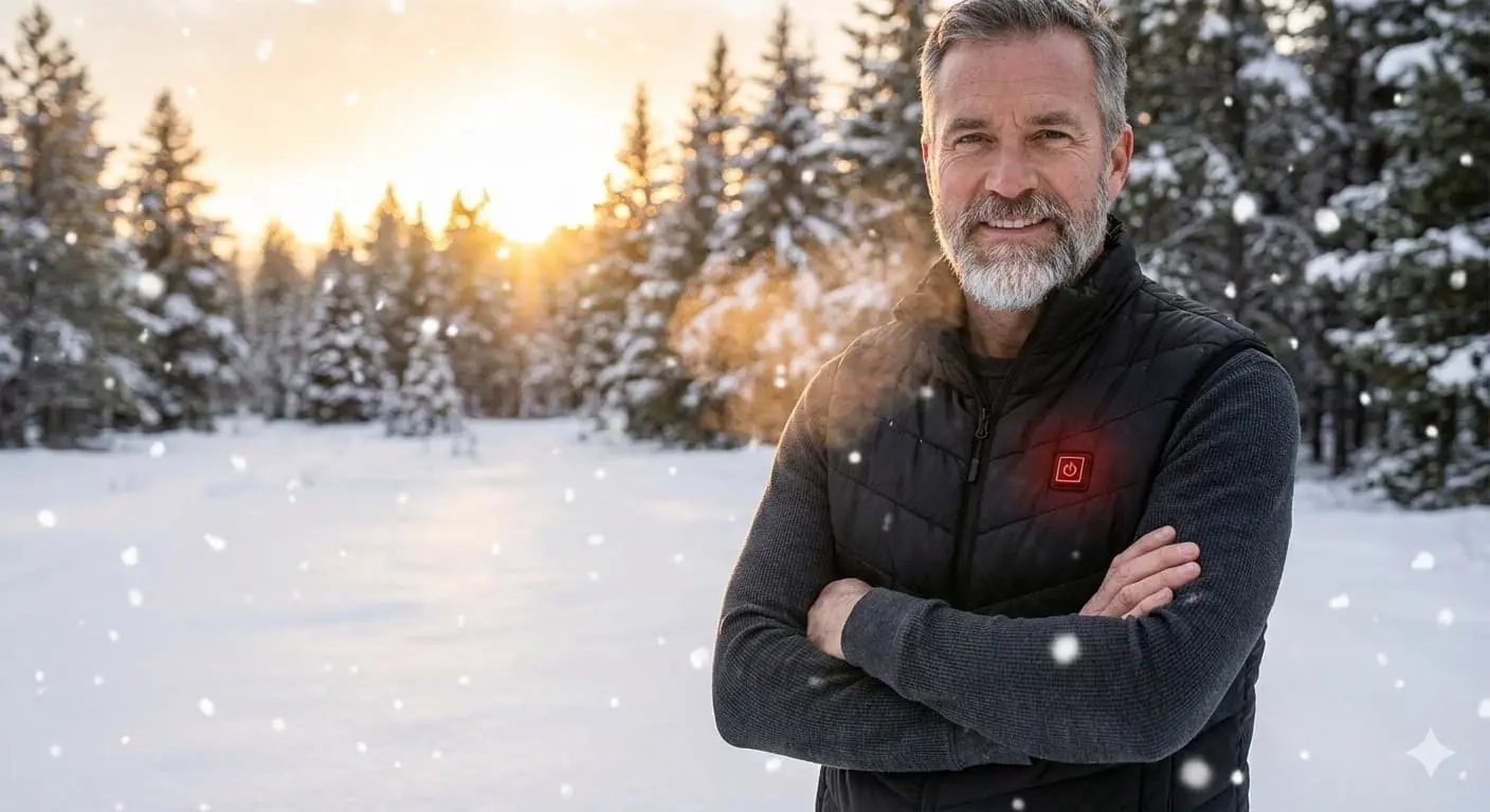 Man wearing Wellaheat heated vest enjoying outdoor activities in freezing winter weather without bulky layers