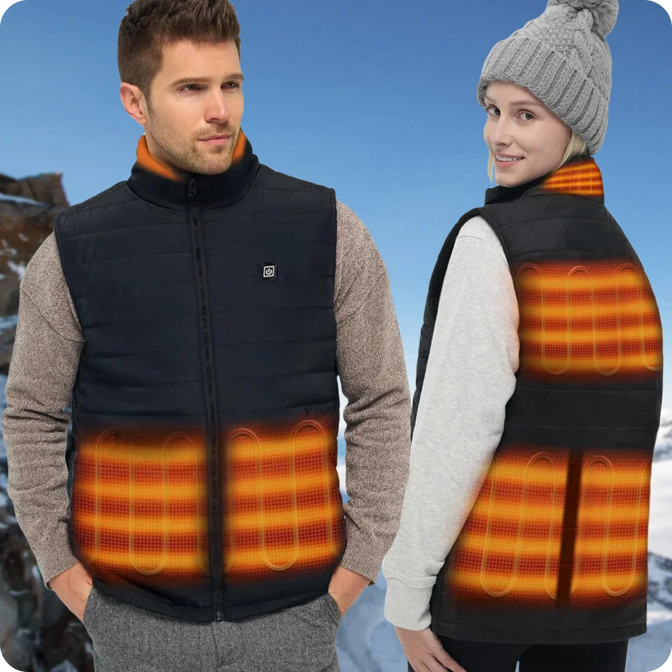 Wellaheat heated vest being worn in multiple scenarios including work construction outdoor sports and daily activities