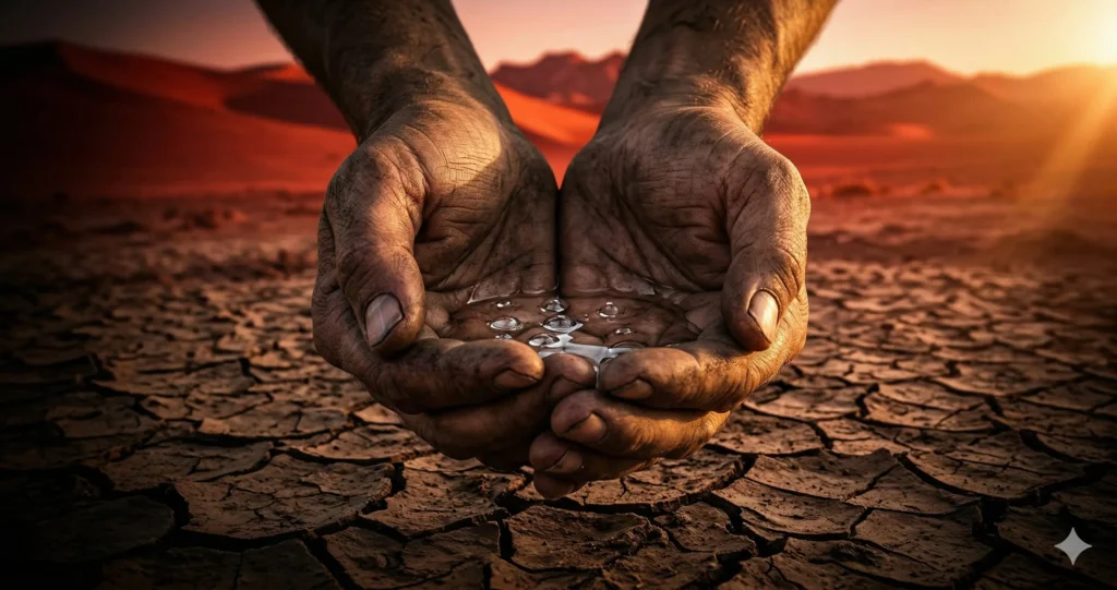 Weathered hands cupping clean water drops over cracked desert earth at golden hour