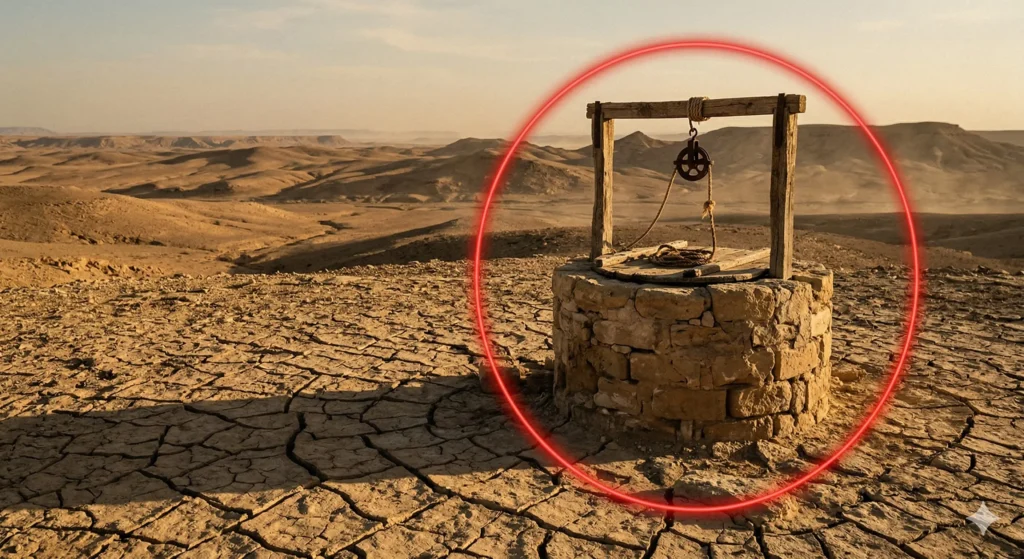 Ancient stone well in cracked desert landscape with red circle highlight