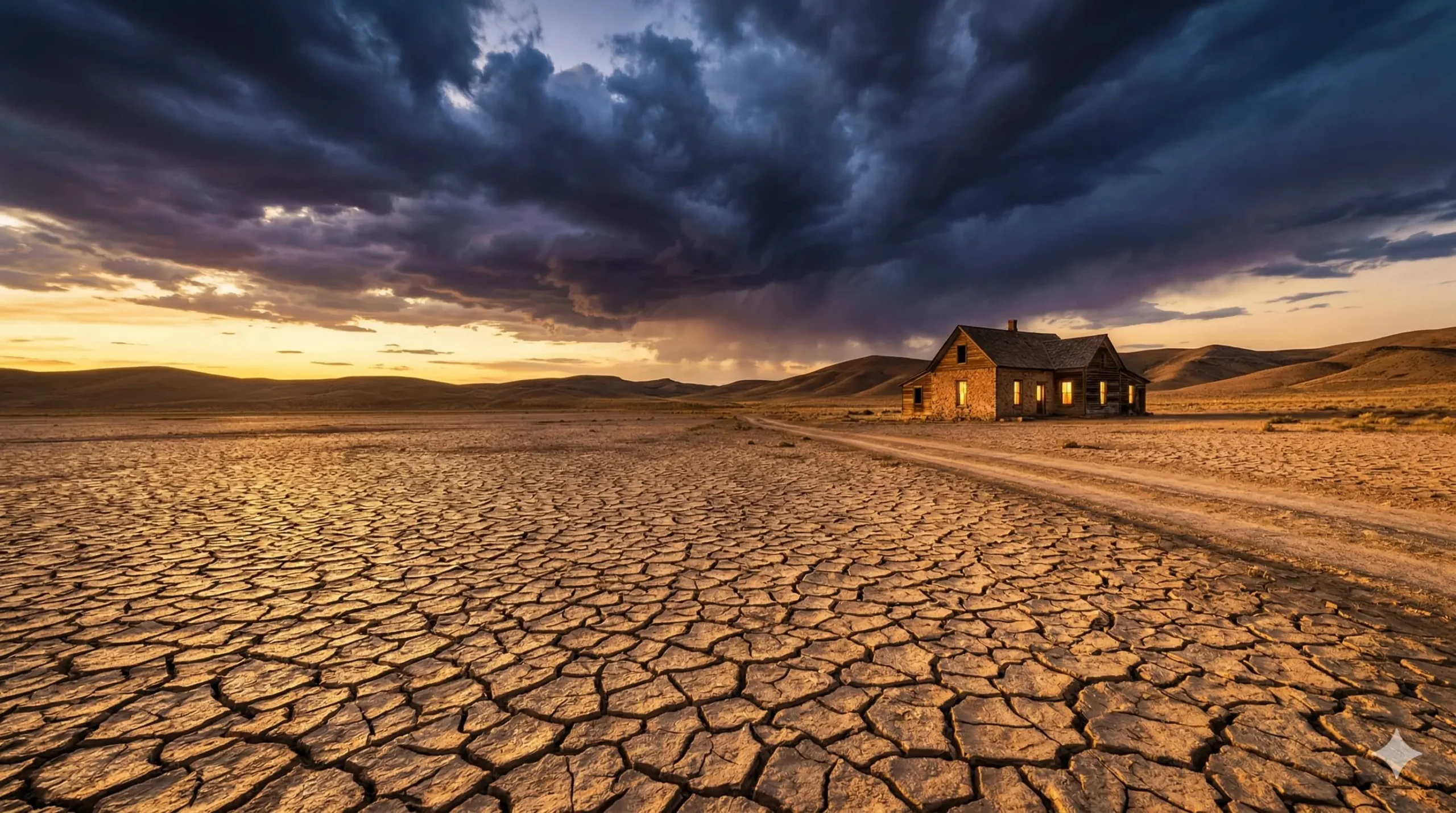 Cracked desert landscape with lone farmhouse 
and dramatic storm clouds at golden hour