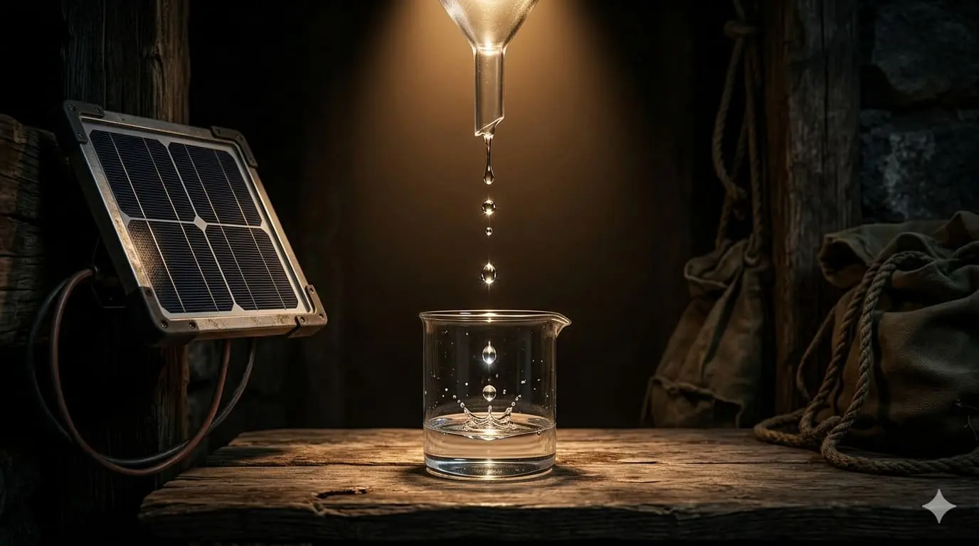 Clear clean water drops falling into glass container with small solar panel on rustic wooden surface