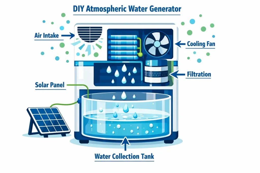 Flat vector infographic of DIY atmospheric water generator with solar panel and water collection tank