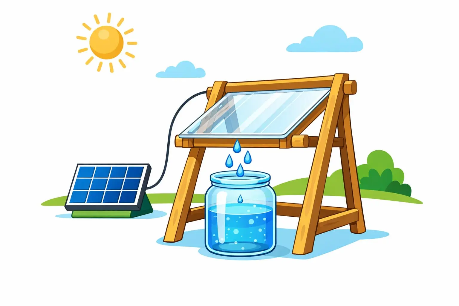 Flat vector illustration of DIY solar powered 
water collection device with water drops and glass container