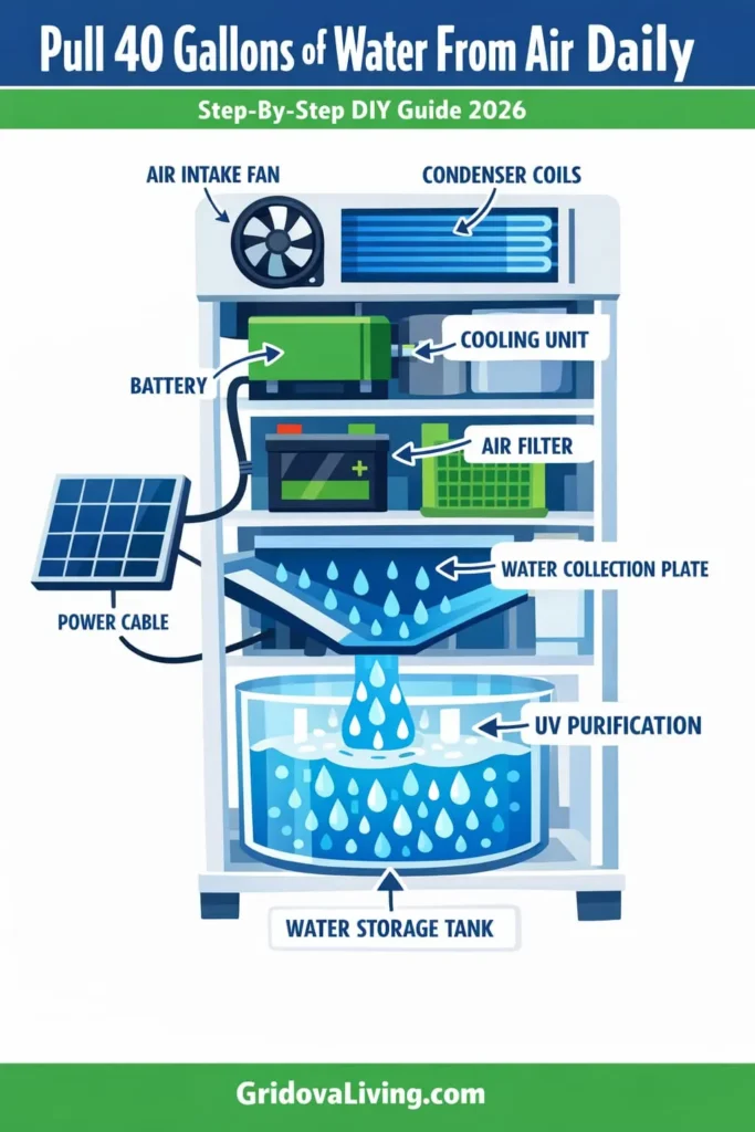 Flat vector infographic Pinterest pin showing DIY atmospheric water generator with labeled parts and solar panel connection