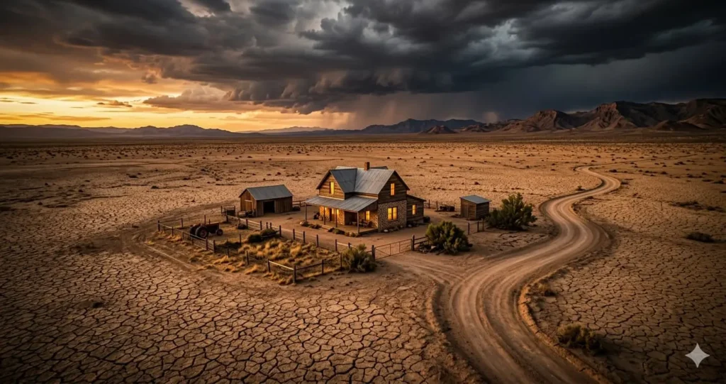 Aerial view of lone farmhouse with warm glowing lights on cracked desert earth under dramatic storm clouds at golden hour