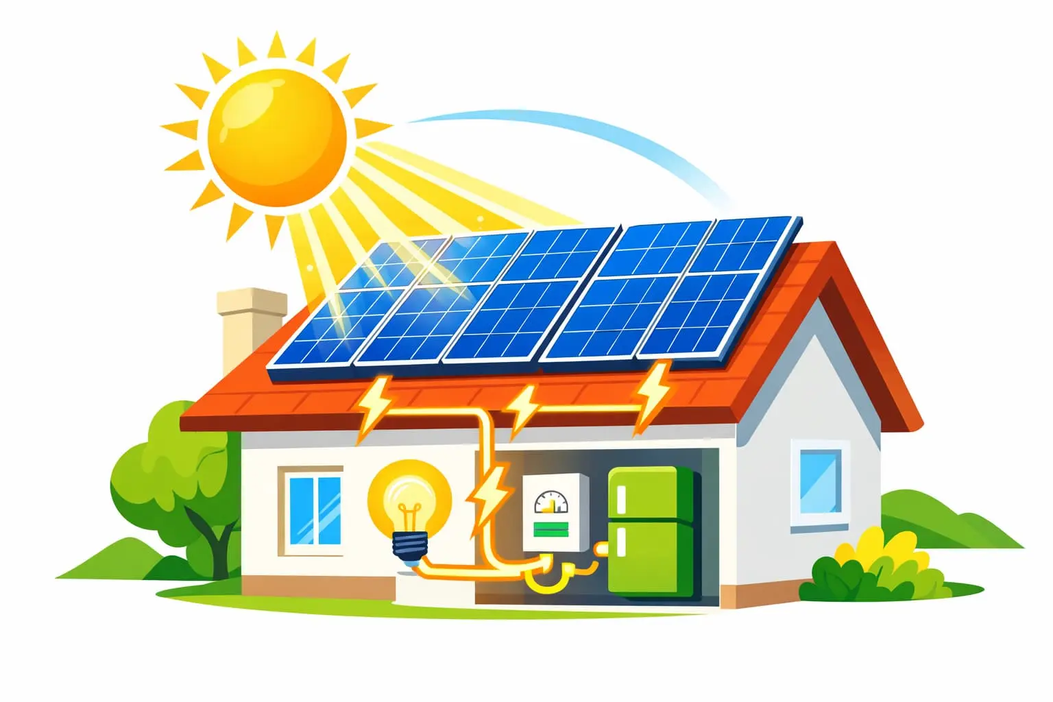 Flat vector illustration of house rooftop solar panels 
with sun rays and energy flow lines