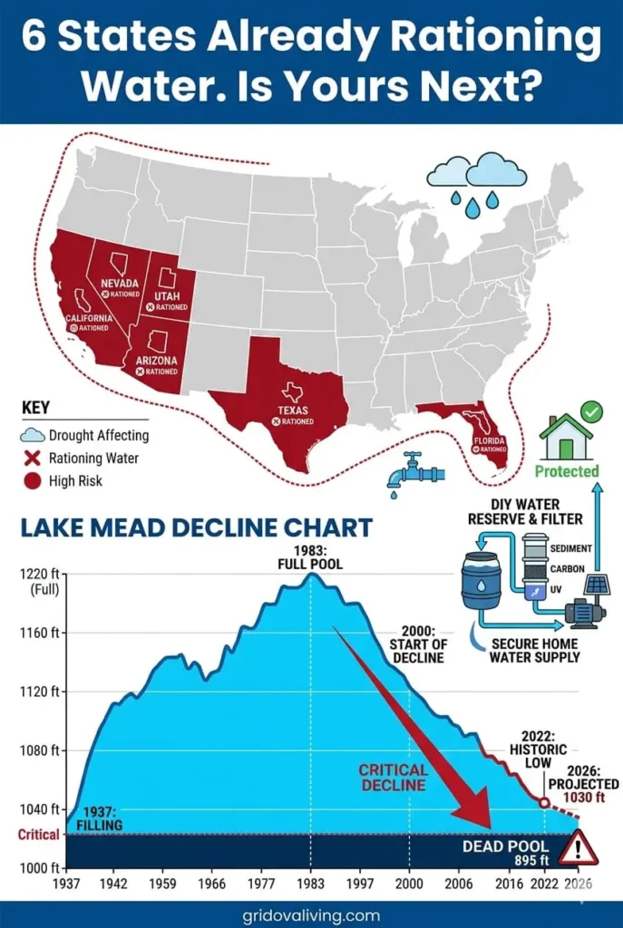 Flat vector infographic of US drought map with water level decline chart and protected home icon