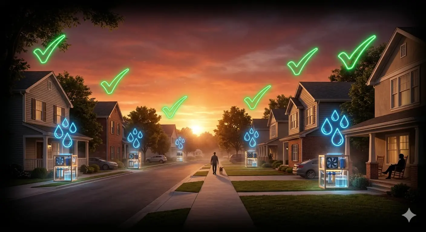 Suburban street with 6 houses each having glowing DIY water device with green checkmarks on warm dramatic background
