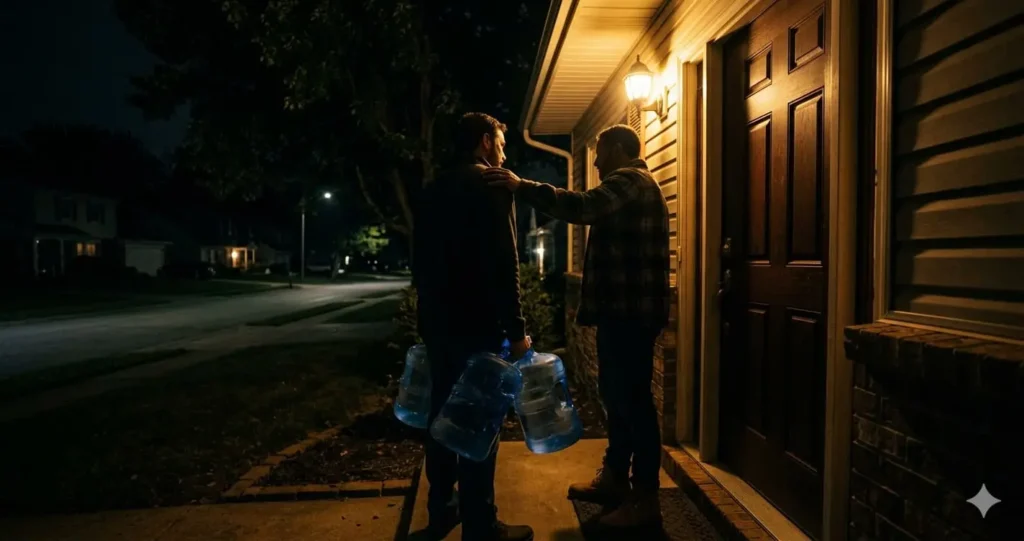 Two neighbors at front door at night with empty water jugs under warm porch light on dark suburban street
