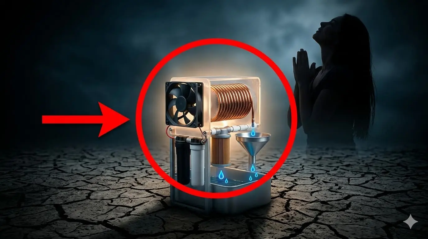 DIY atmospheric water generator with red circle and arrow on dark background with woman silhouette