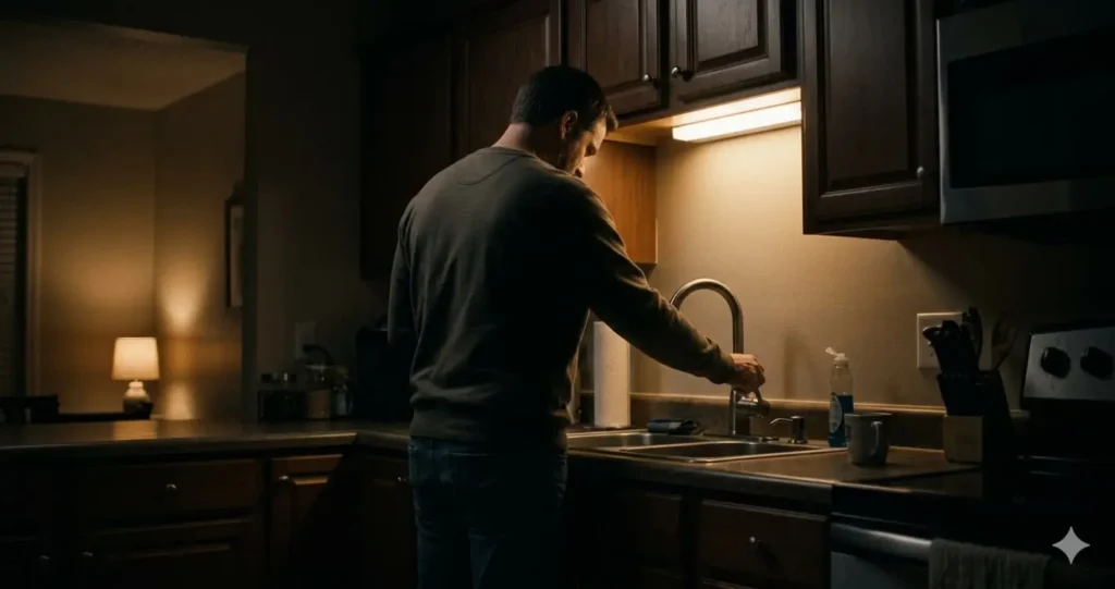 ather standing at kitchen sink at night with empty tap and worried expression