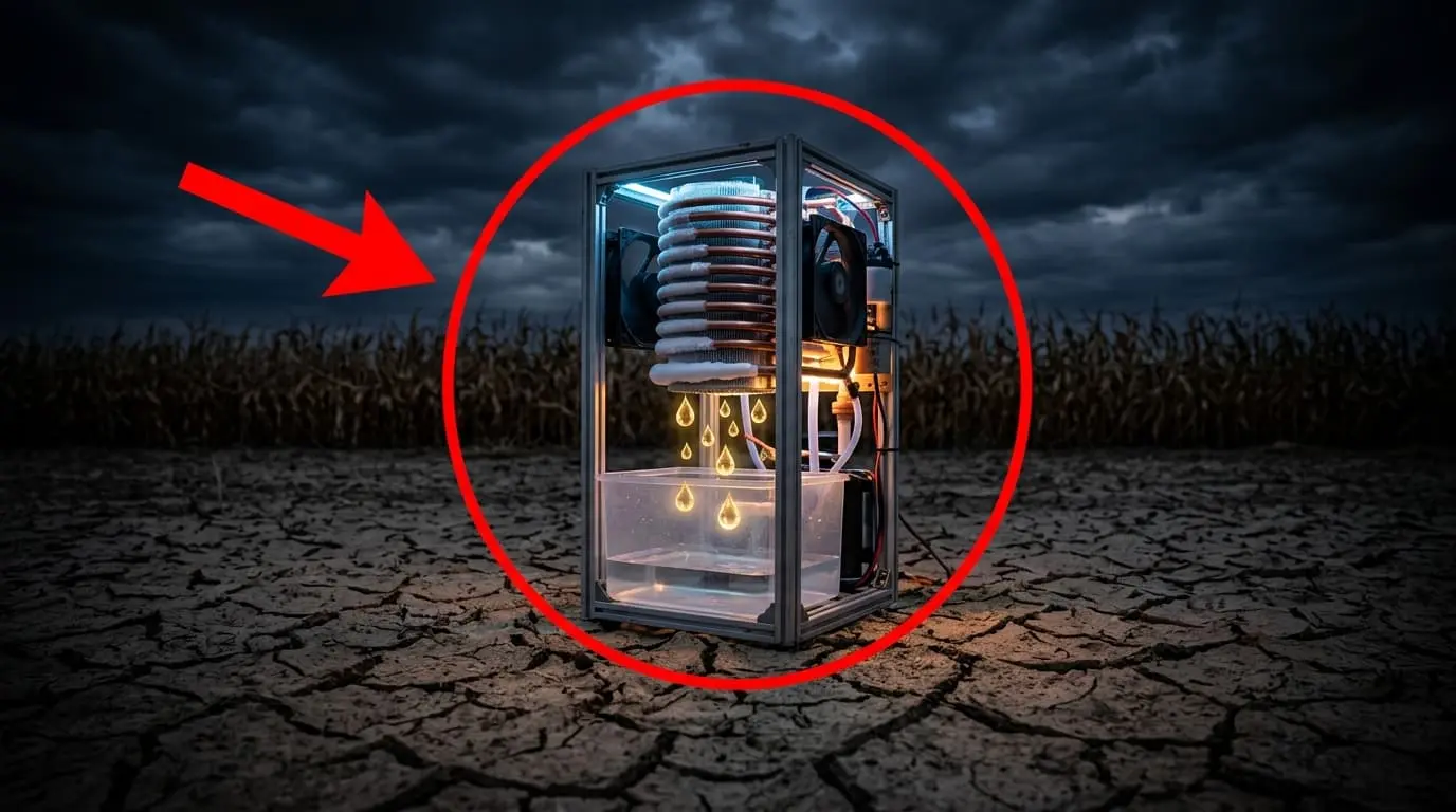 DIY water generator with red circle on dark farmland background with golden water drops