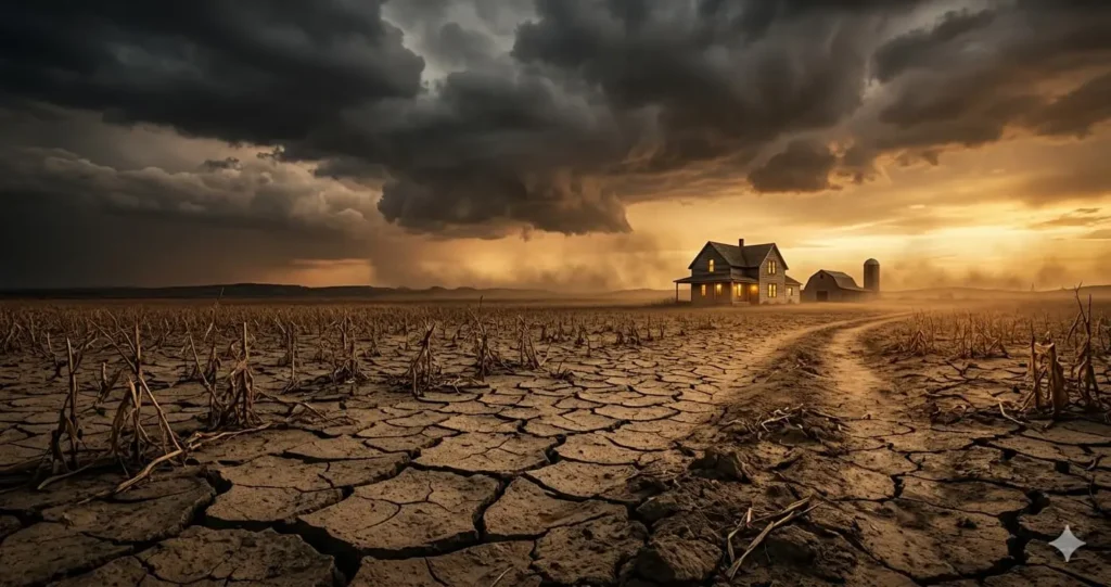Dried cracked farmland with dead crops and lone farmhouse under dramatic storm clouds at golden hour