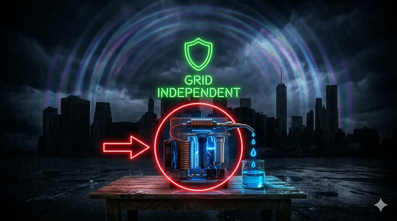 Dark city skyline after EMP with glowing DIY water generator and grid independent shield badge
