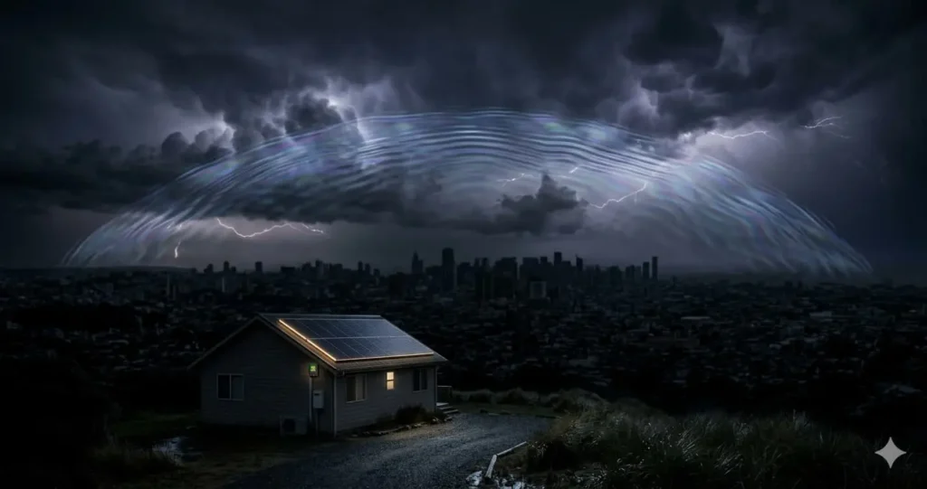 Dark cityscape with all lights out after EMP with one house glowing with solar panel under electric storm sky