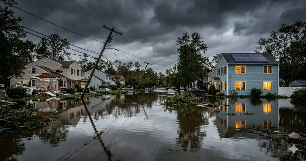 Flooded suburban street after hurricane with one house glowing with lights and solar panel under dark stormy sky